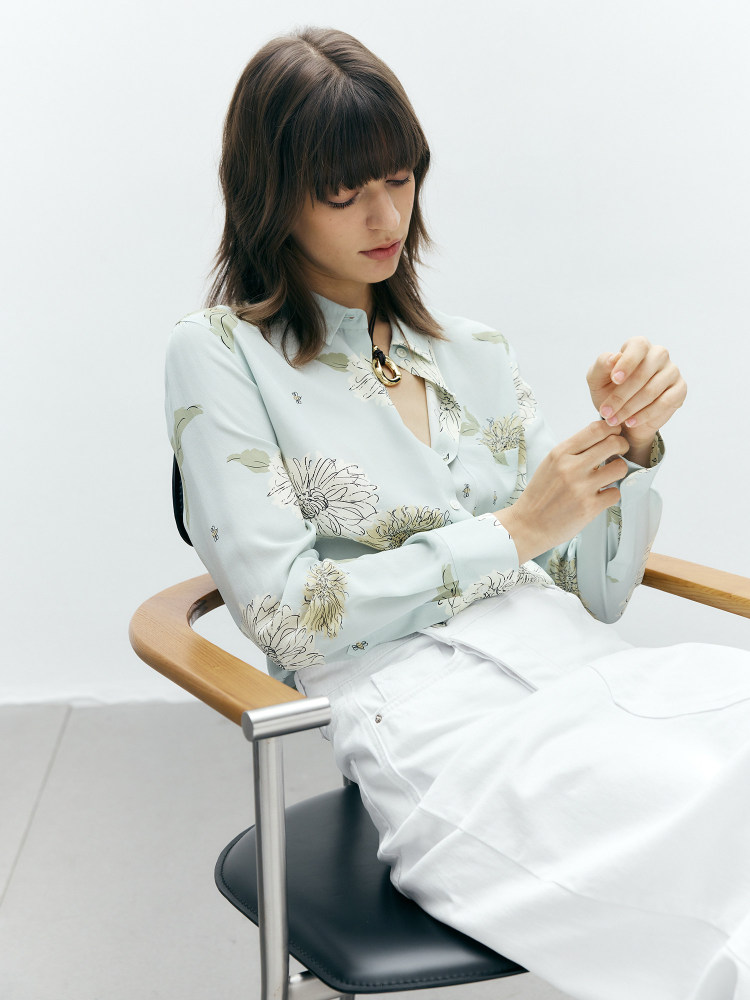 Printed Washed Silk Oversized Long-Sleeve Shirt Button-up Water Green Chrysanthemum