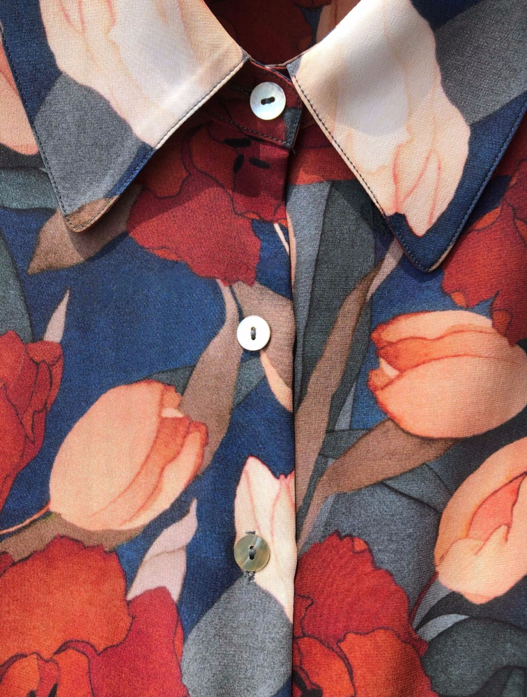 Washed Plain Crepe Satin Silk Long-Sleeve Shirt with Tulip Print and Large Collar