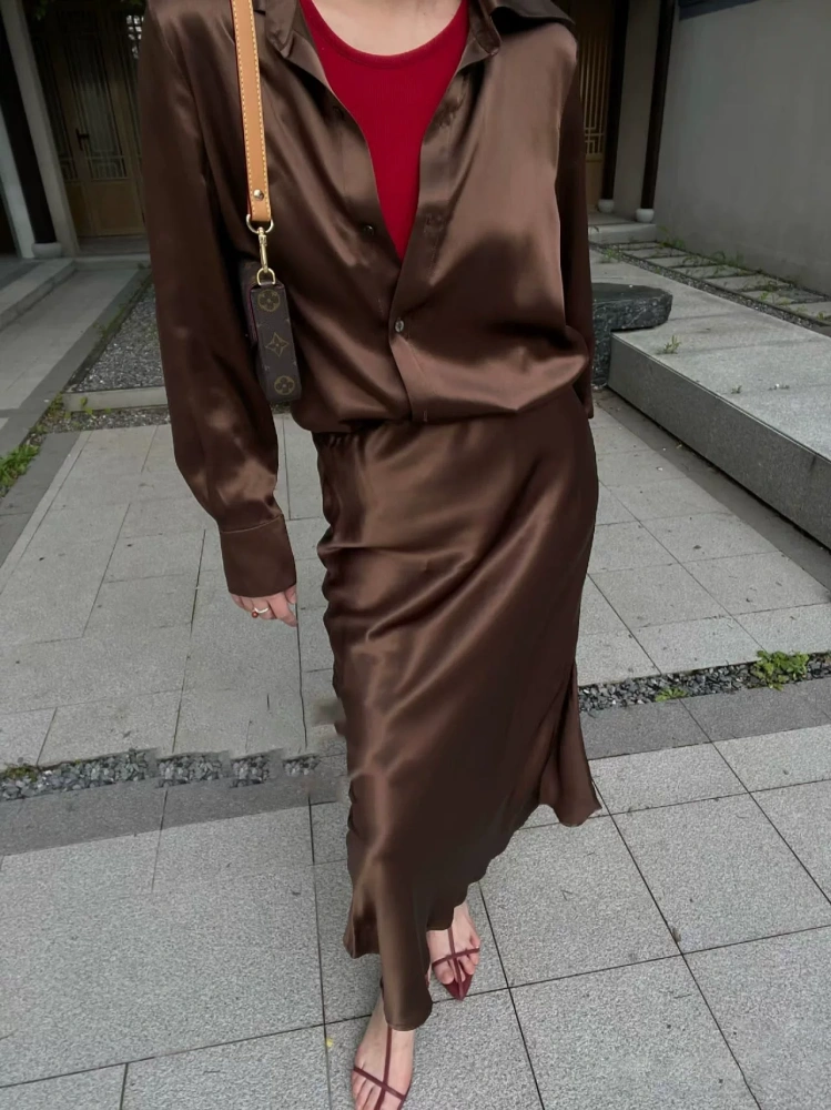 Silk Button-Up Long-Sleeve Shirt, Tank Dress, Dark Chocolate Brown