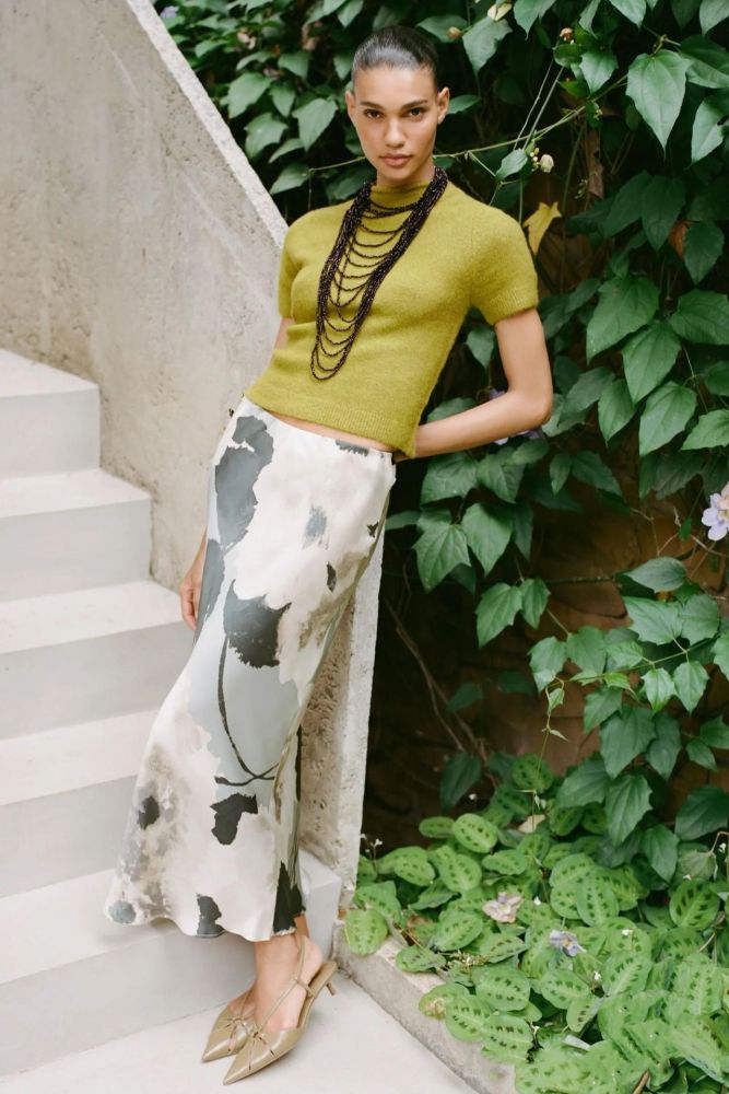 Satin Silk Shirt With Ink Wash Printing Bias-Cut Skirt