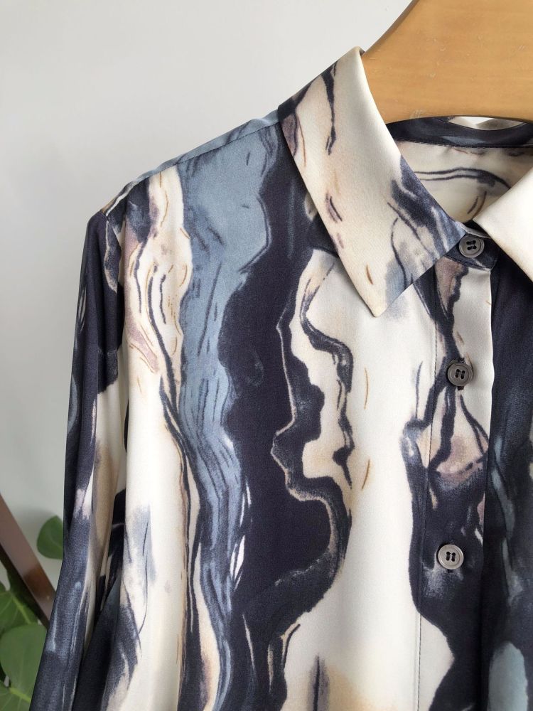 Silk Double-Georgette Long-Sleeve Shirt with Ink Wash Printing
