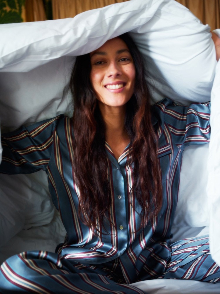 Silk Satin Striped Nightshirt Shirt Wide-Leg Pants Blue