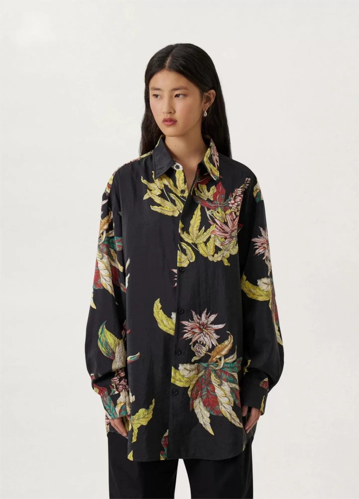 Sand Washed Texture Silk Shirt Lazy Large Silhouette Printed Silk Shirt for Both Men & Women