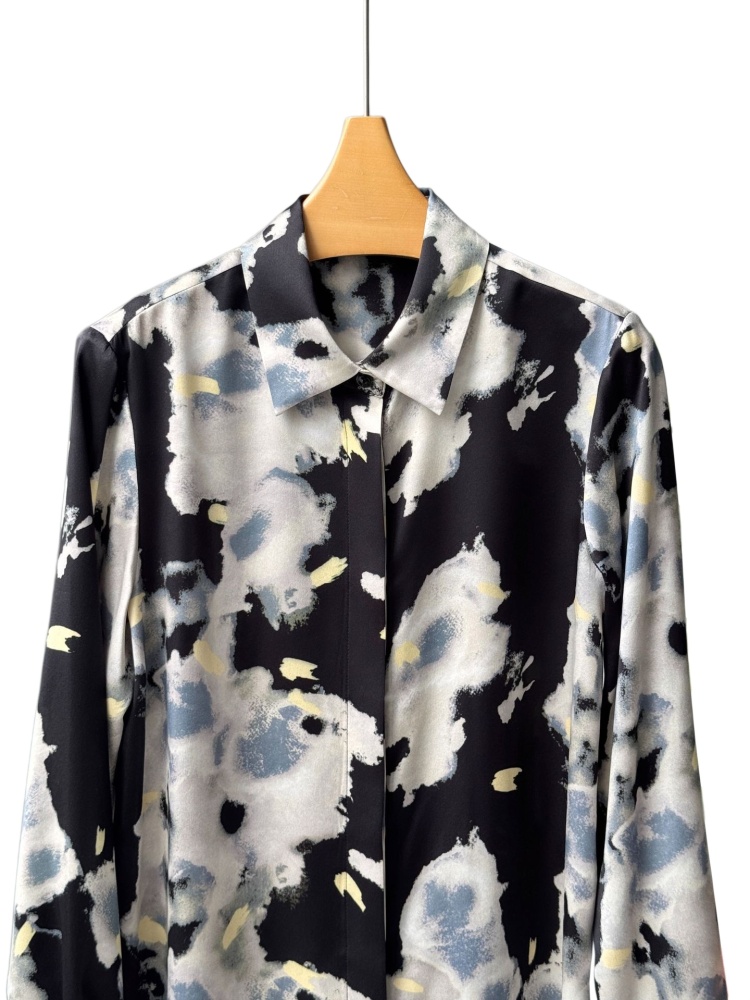 Watercolor Print Mulberry Silk Long-Sleeve Shirt