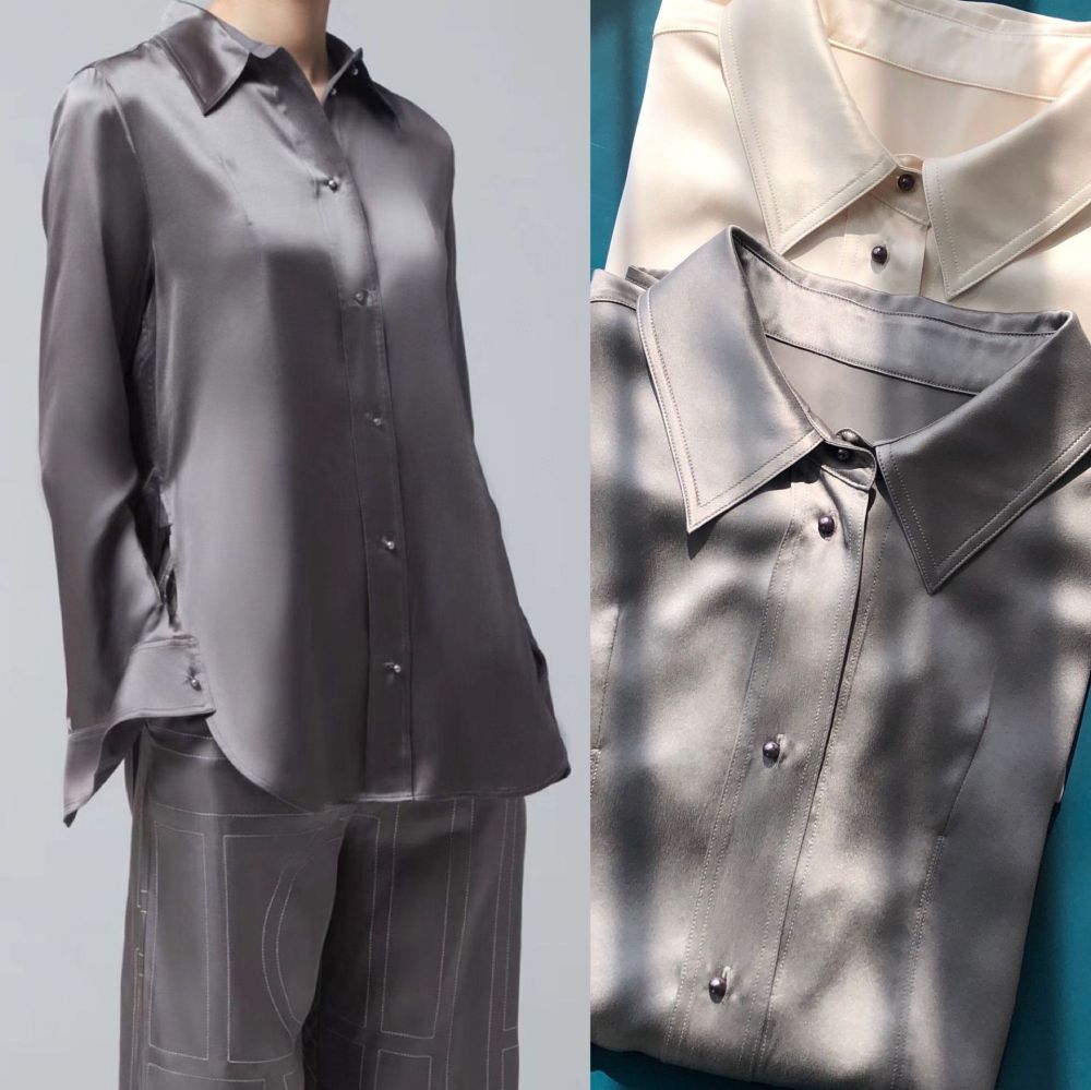 Silk Satin Long-Sleeve Shirt with Pearl Buttons