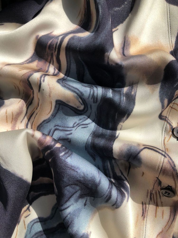 Silk Double-Georgette Long-Sleeve Shirt with Ink Wash Printing