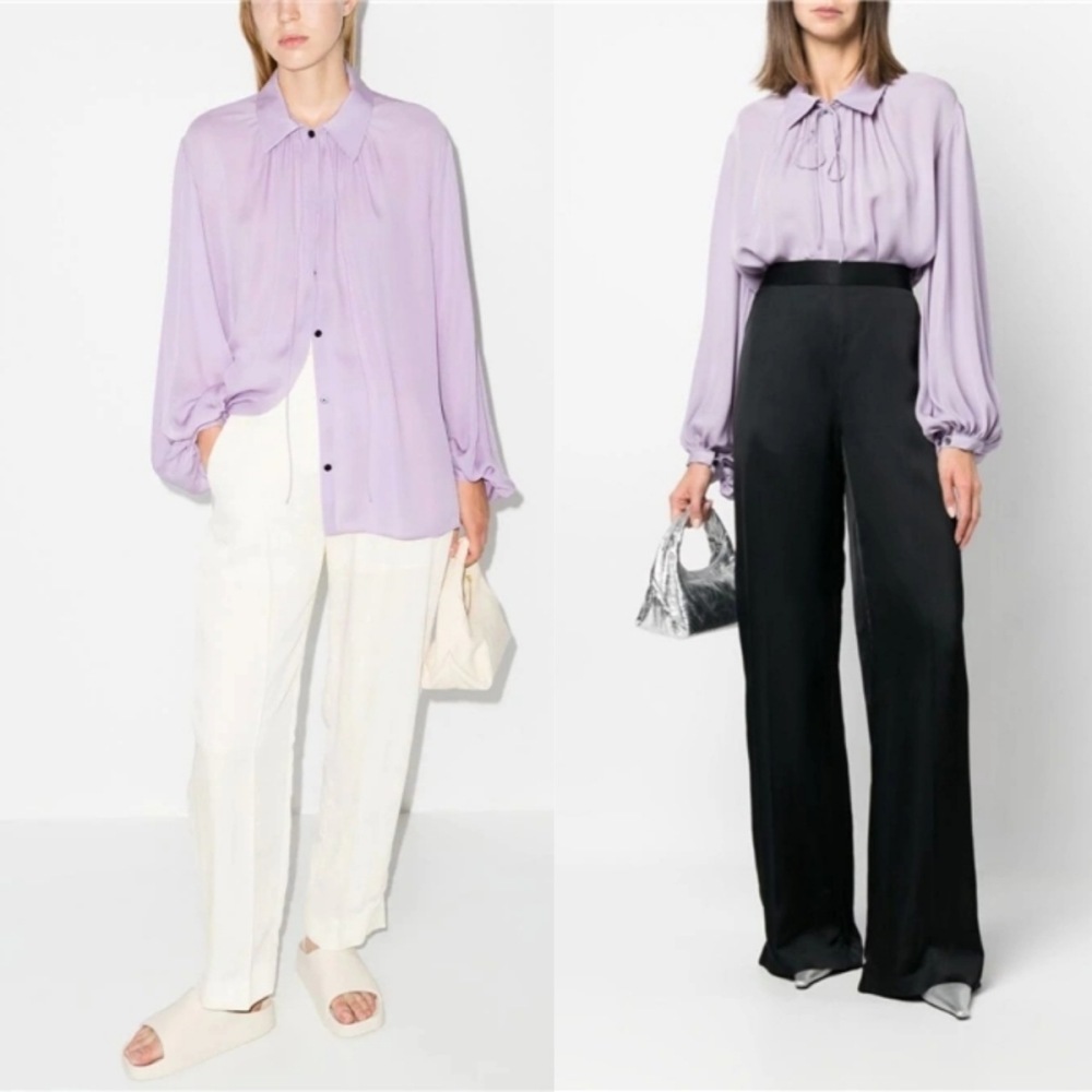 Wisteria Color Loose Hanging Lantern Sleeves Silk Satin Long Sleeved Shirt
