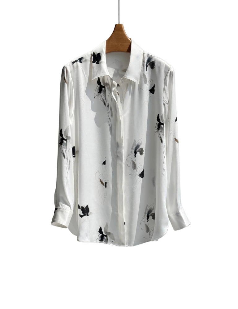 Ink-Dyed Iris Elegant Print Washed Plain Crepe Satin Silk Small Pointed Collar Long-Sleeve Shirt