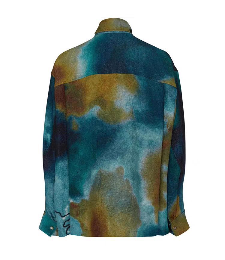 Turquoise Gradient Textured Long-Sleeve Shirt with Flowing Ribbons