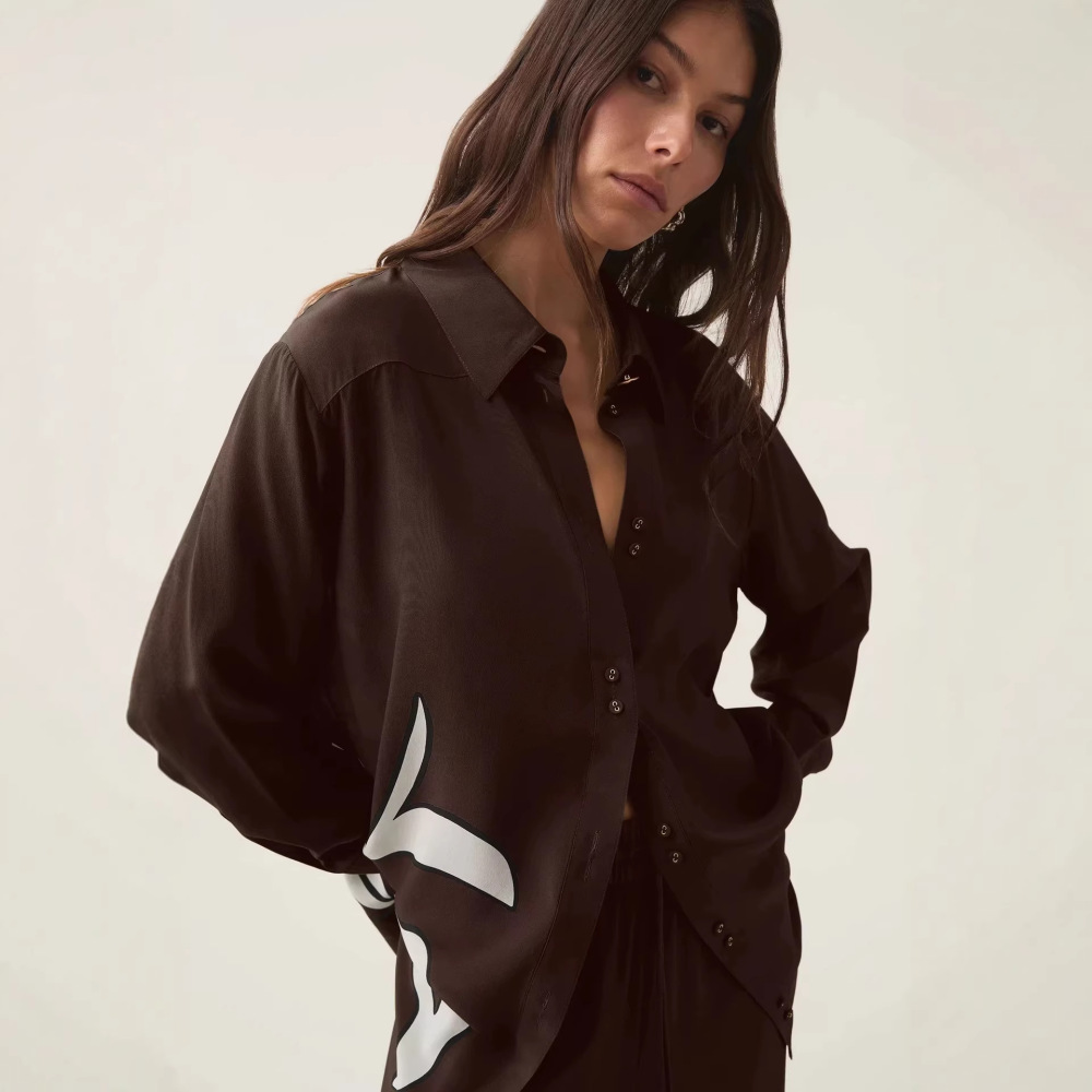 Loose Oversized Silk Shirt with Printed Pattern