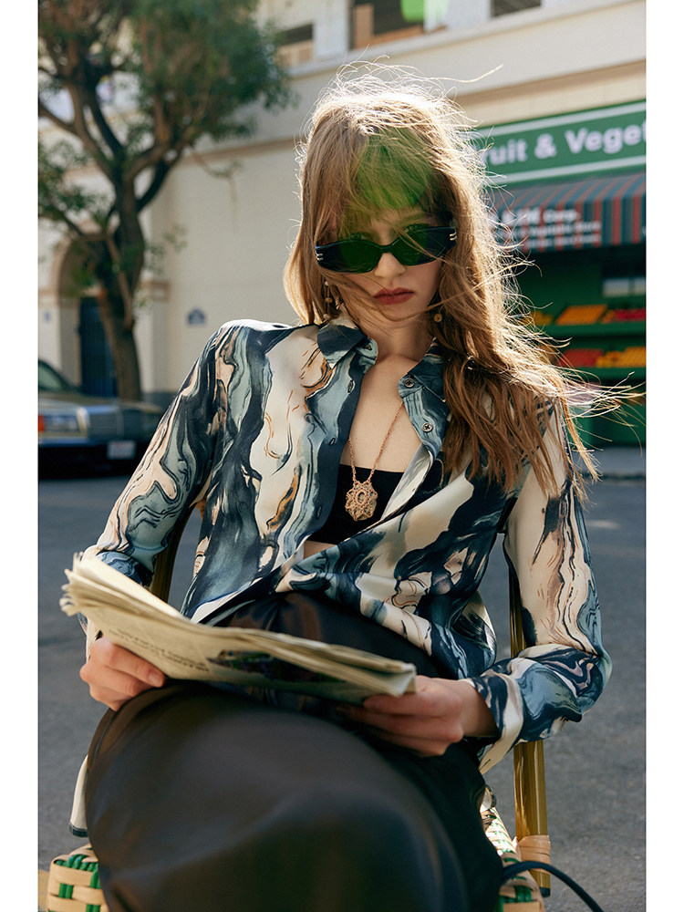 Silk Double-Georgette Long-Sleeve Shirt with Ink Wash Printing