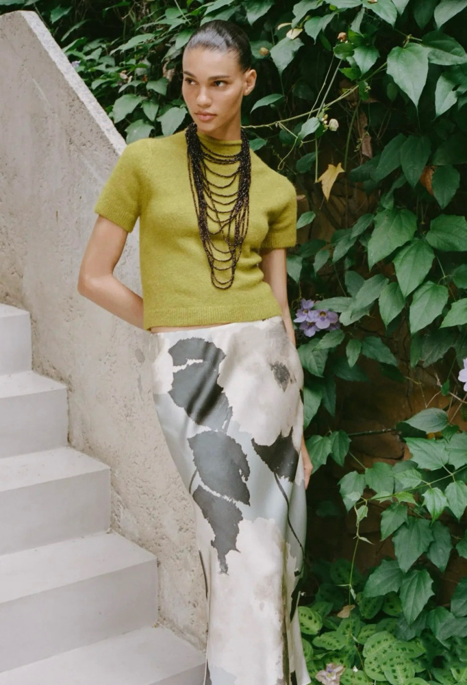 Satin Silk Shirt With Ink Wash Printing Bias-Cut Skirt