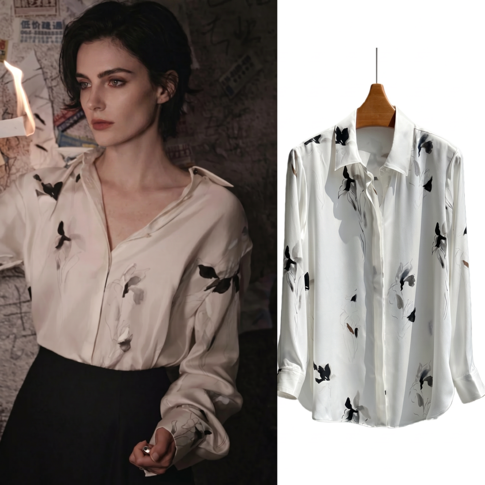 Ink-Dyed Iris Elegant Print Washed Plain Crepe Satin Silk Small Pointed Collar Long-Sleeve Shirt