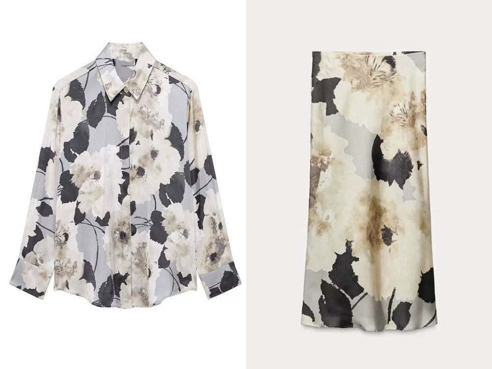 Satin Silk Shirt With Ink Wash Printing Bias-Cut Skirt