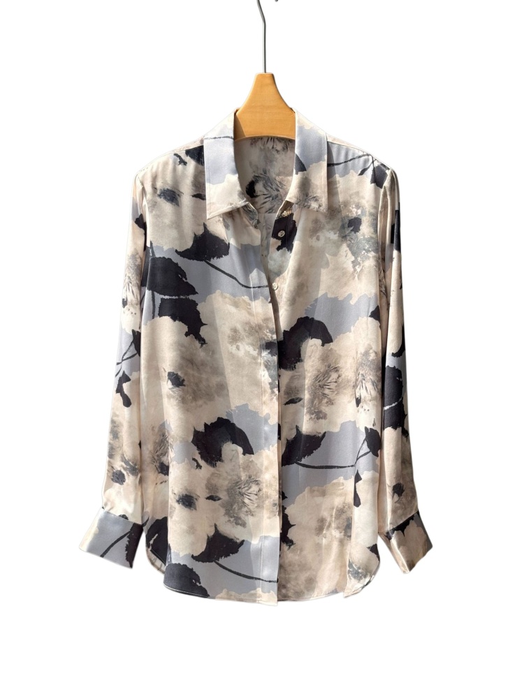 Satin Silk Shirt With Ink Wash Printing Bias-Cut Skirt