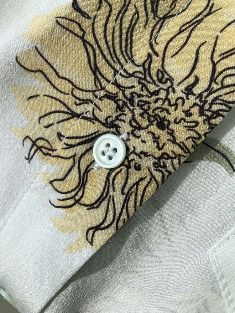 Printed Washed Silk Oversized Long-Sleeve Shirt Button-up Water Green Chrysanthemum