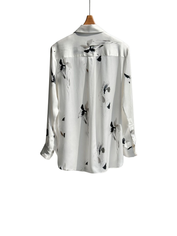 Ink-Dyed Iris Elegant Print Washed Plain Crepe Satin Silk Small Pointed Collar Long-Sleeve Shirt