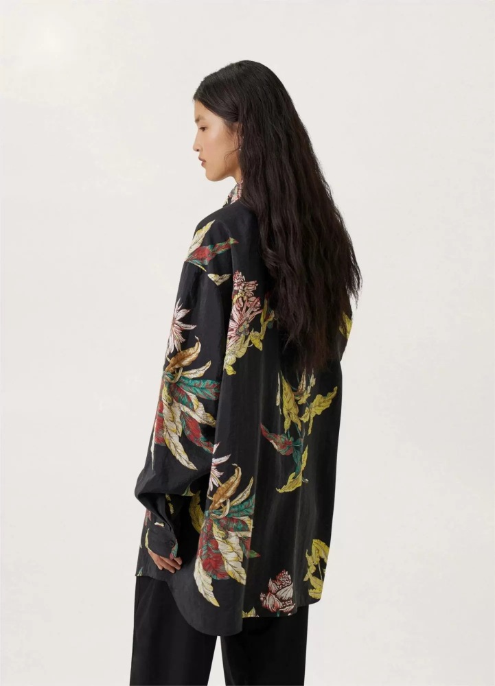 Sand Washed Texture Silk Shirt Lazy Large Silhouette Printed Silk Shirt for Both Men & Women