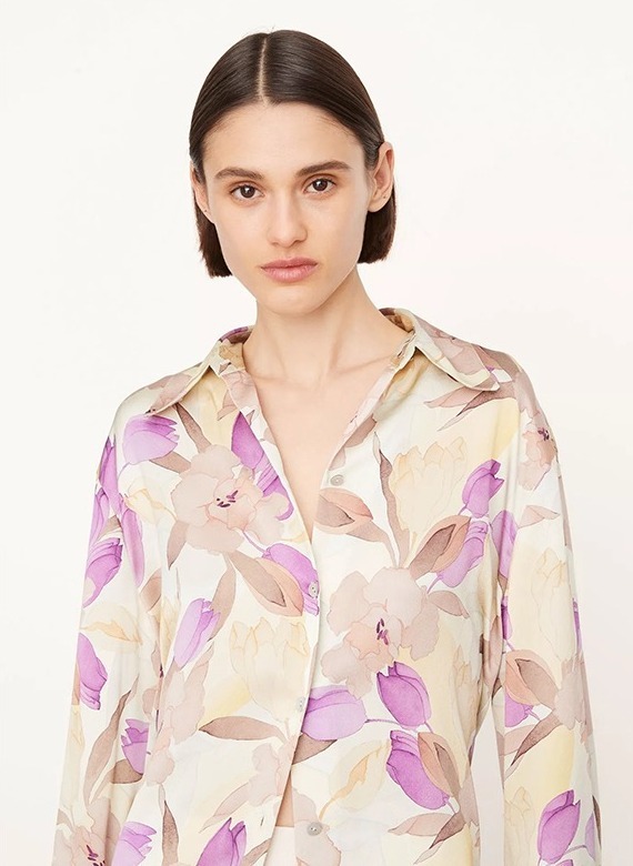 Washed Plain Crepe Satin Silk Long-Sleeve Shirt with Tulip Print and Large Collar