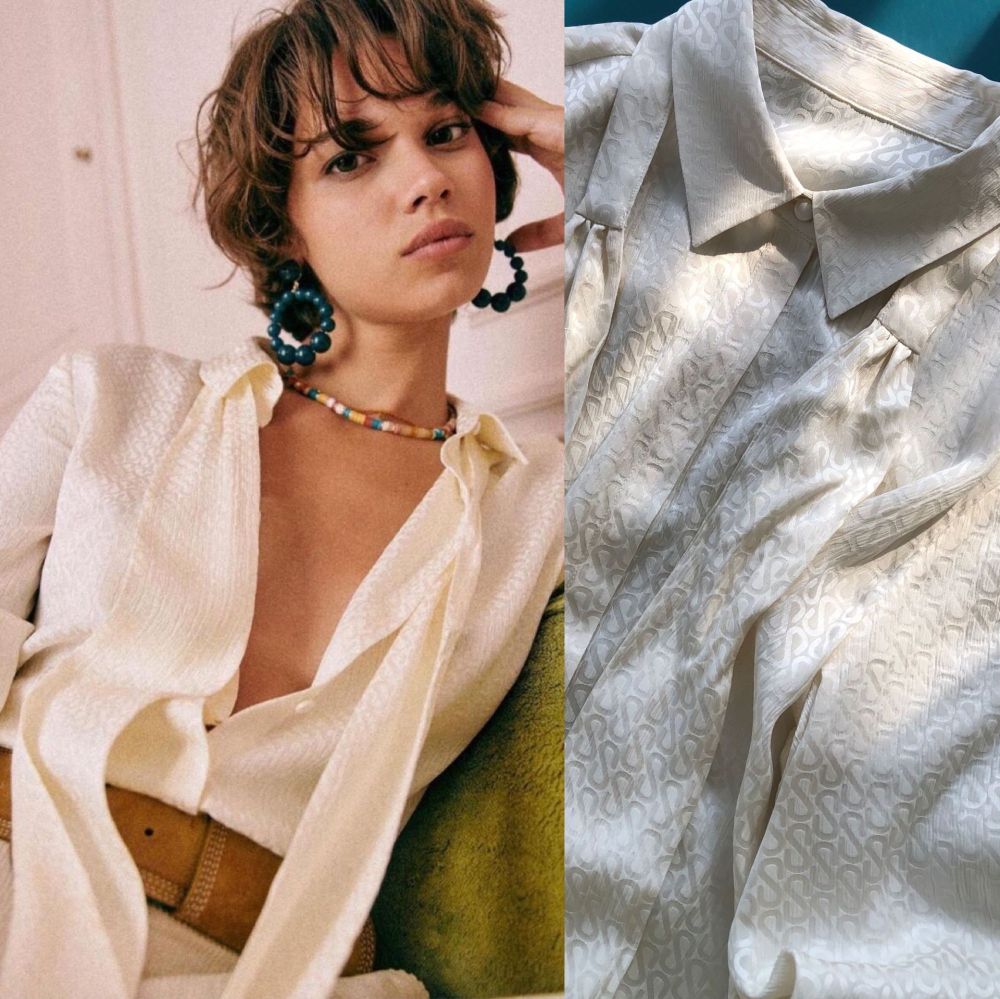 Light Beige S-Letter Jacquard Silk Satin Ribbon Shirt