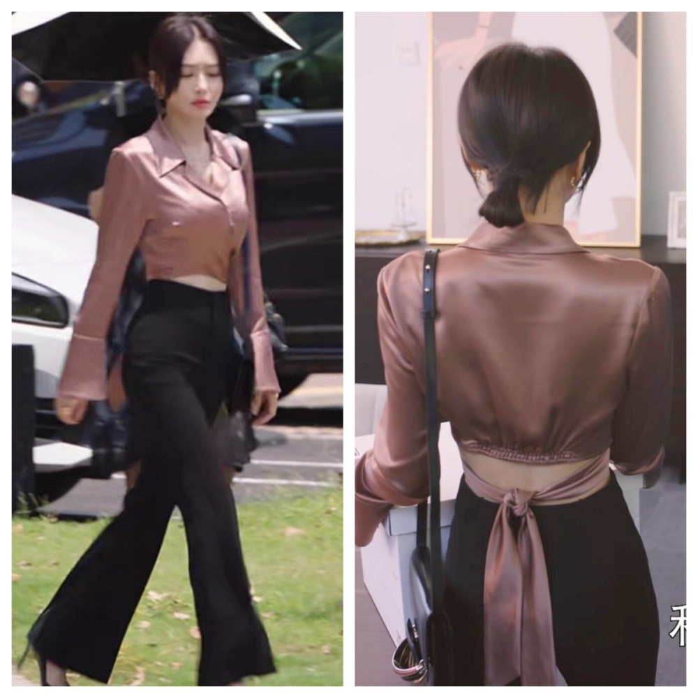 Mulberry Silk Cropped Tie-Front Butterfly Bow Shirt