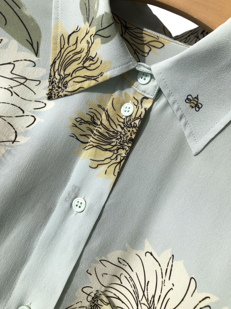 Printed Washed Silk Oversized Long-Sleeve Shirt Button-up Water Green Chrysanthemum