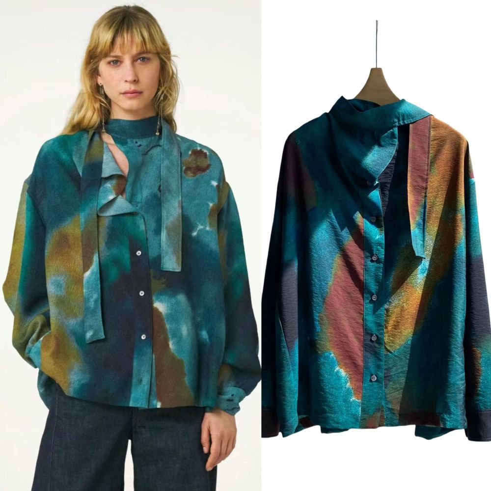 Turquoise Gradient Textured Long-Sleeve Shirt with Flowing Ribbons