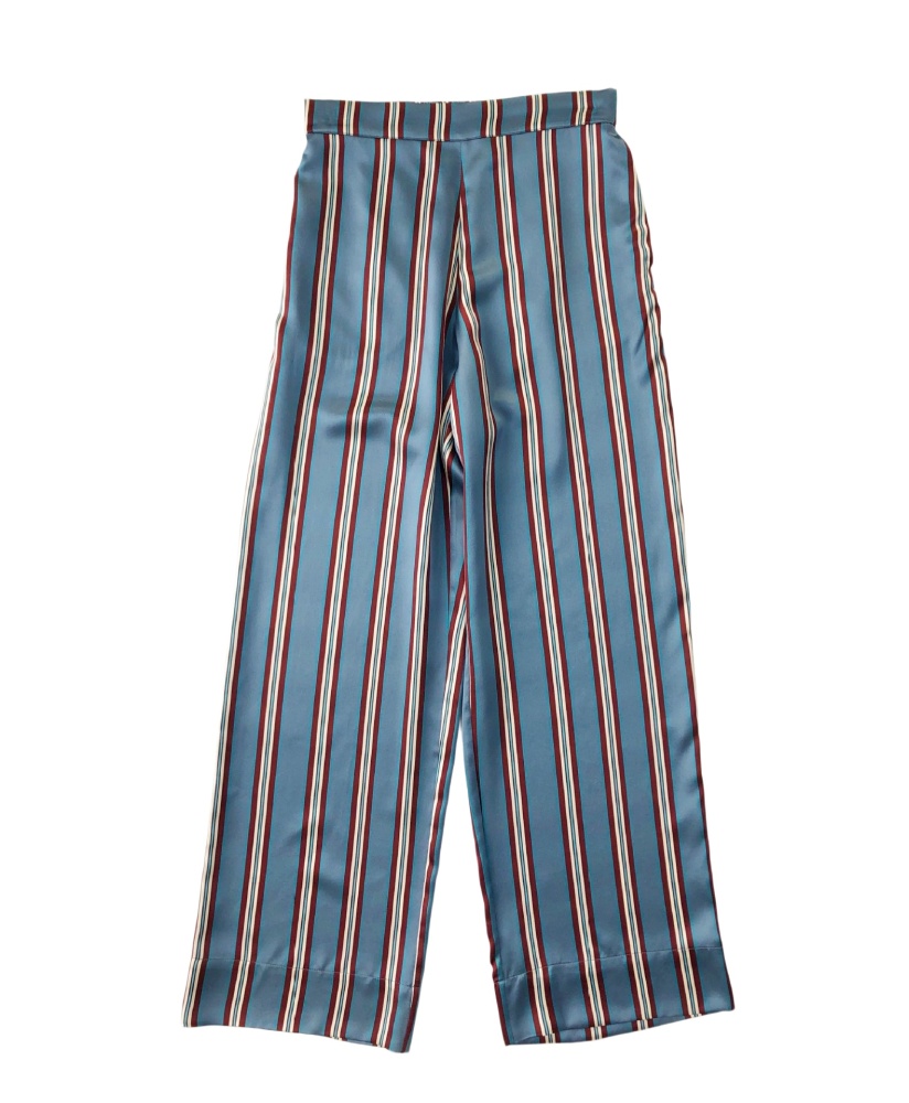 Silk Satin Striped Nightshirt Shirt Wide-Leg Pants Blue