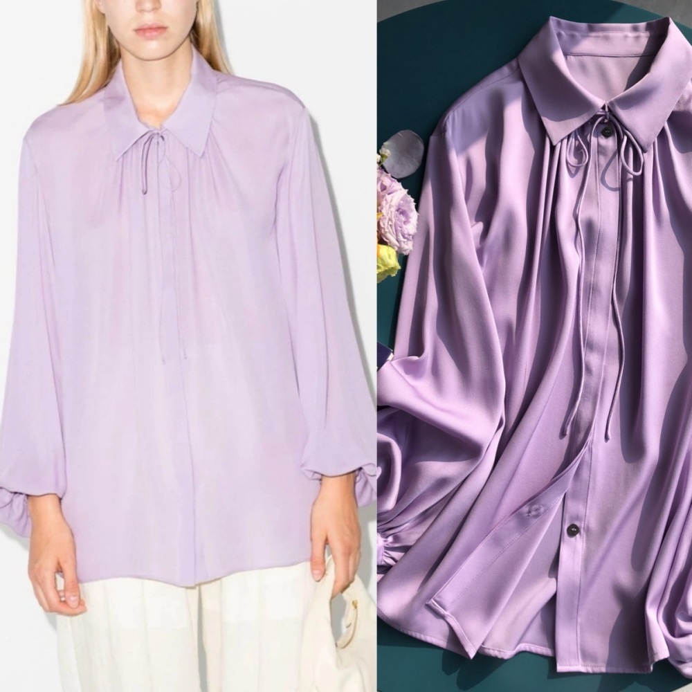 Wisteria Color Loose Hanging Lantern Sleeves Silk Satin Long Sleeved Shirt