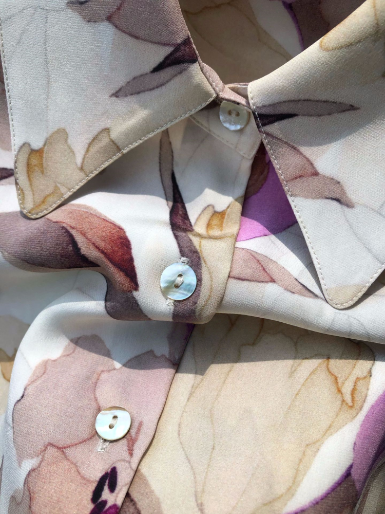 Washed Plain Crepe Satin Silk Long-Sleeve Shirt with Tulip Print and Large Collar