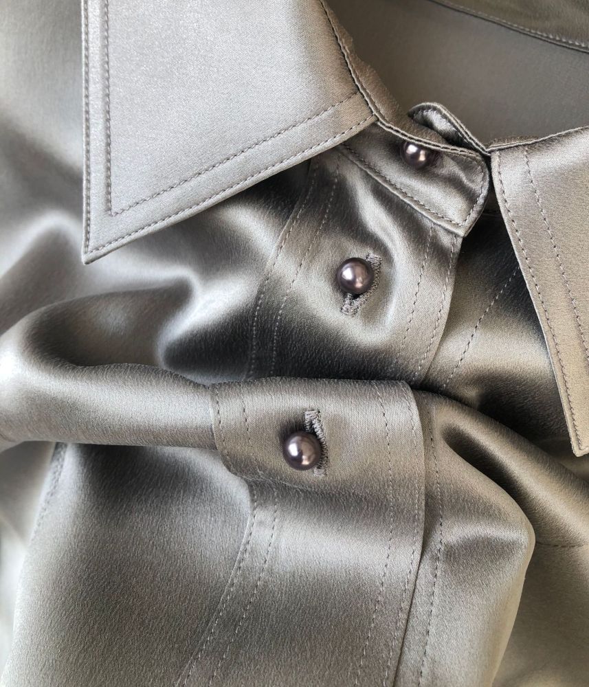 Silk Satin Long-Sleeve Shirt with Pearl Buttons