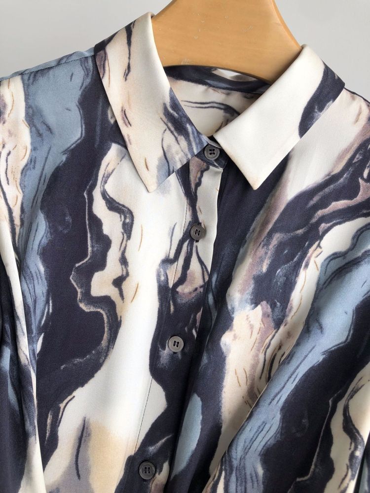 Silk Double-Georgette Long-Sleeve Shirt with Ink Wash Printing