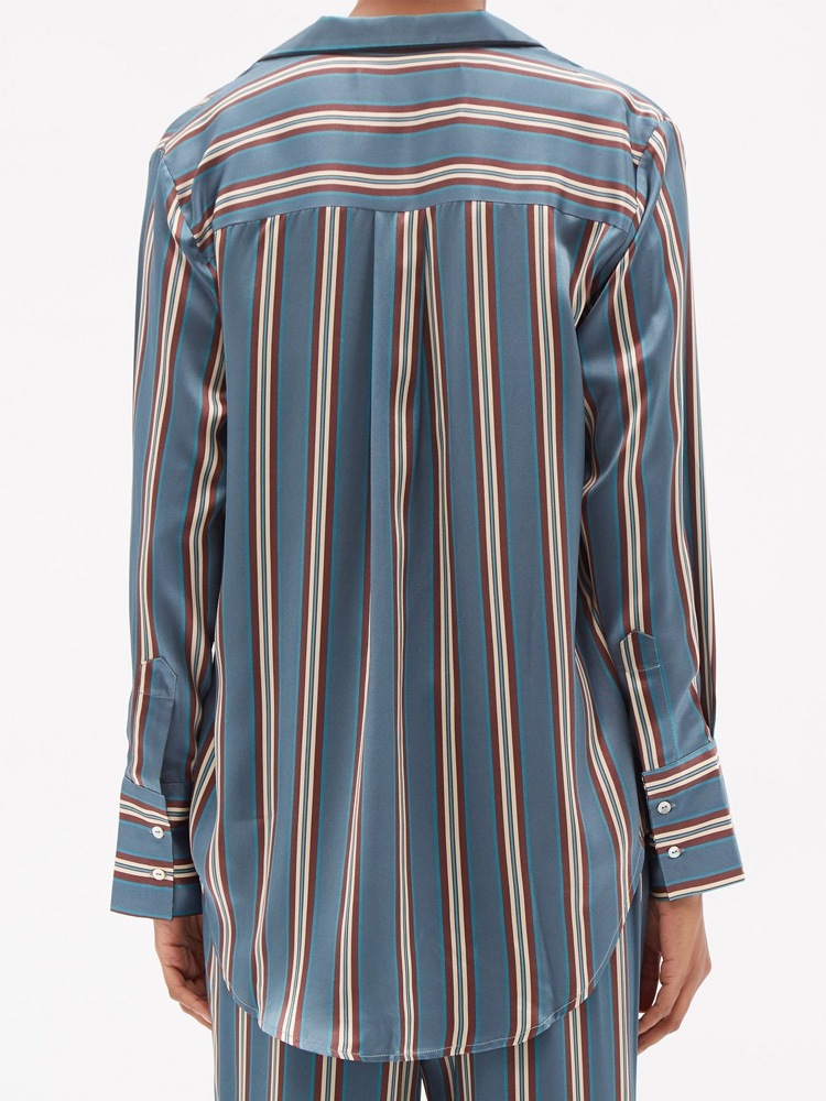 Silk Satin Striped Nightshirt Shirt Wide-Leg Pants Blue