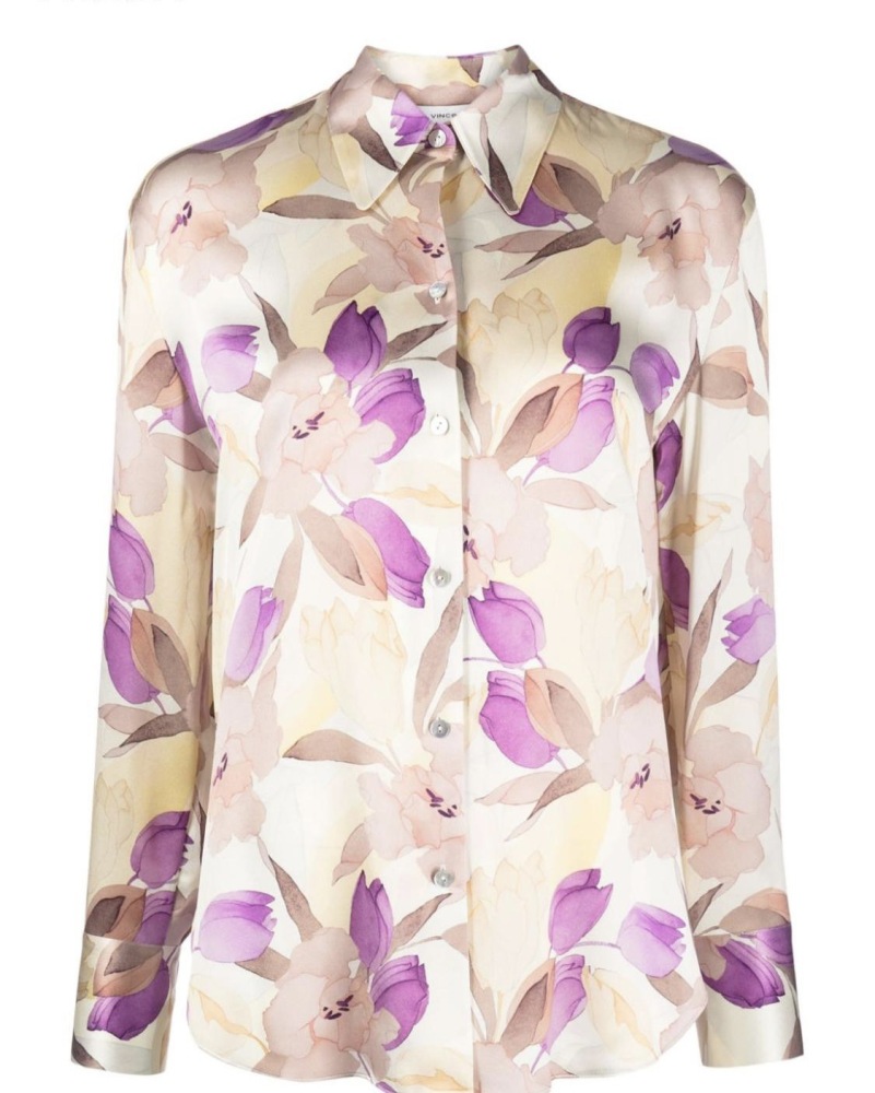 Washed Plain Crepe Satin Silk Long-Sleeve Shirt with Tulip Print and Large Collar