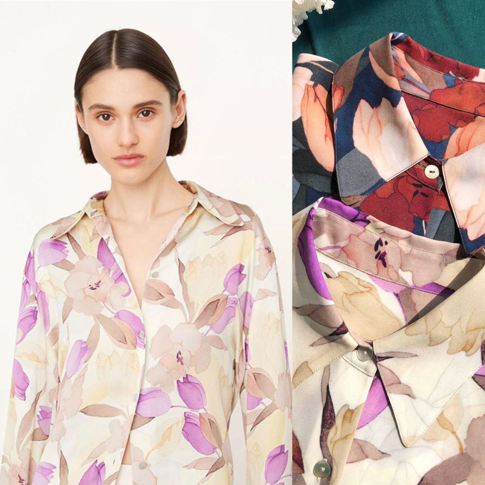 Washed Plain Crepe Satin Silk Long-Sleeve Shirt with Tulip Print and Large Collar