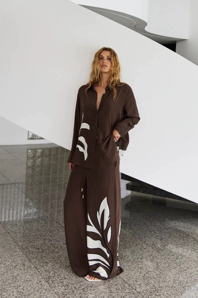 Loose Oversized Silk Shirt with Printed Pattern
