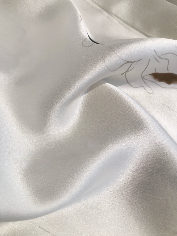 Ink-Dyed Iris Elegant Print Washed Plain Crepe Satin Silk Small Pointed Collar Long-Sleeve Shirt