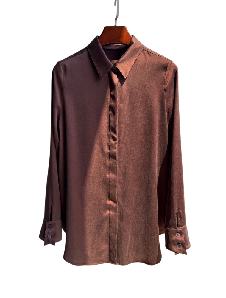Silk Button-Up Long-Sleeve Shirt, Tank Dress, Dark Chocolate Brown