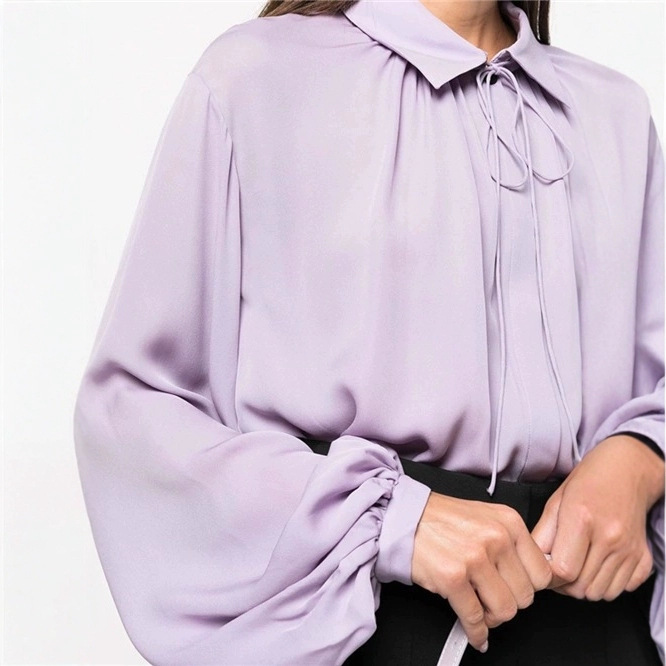 Wisteria Color Loose Hanging Lantern Sleeves Silk Satin Long Sleeved Shirt