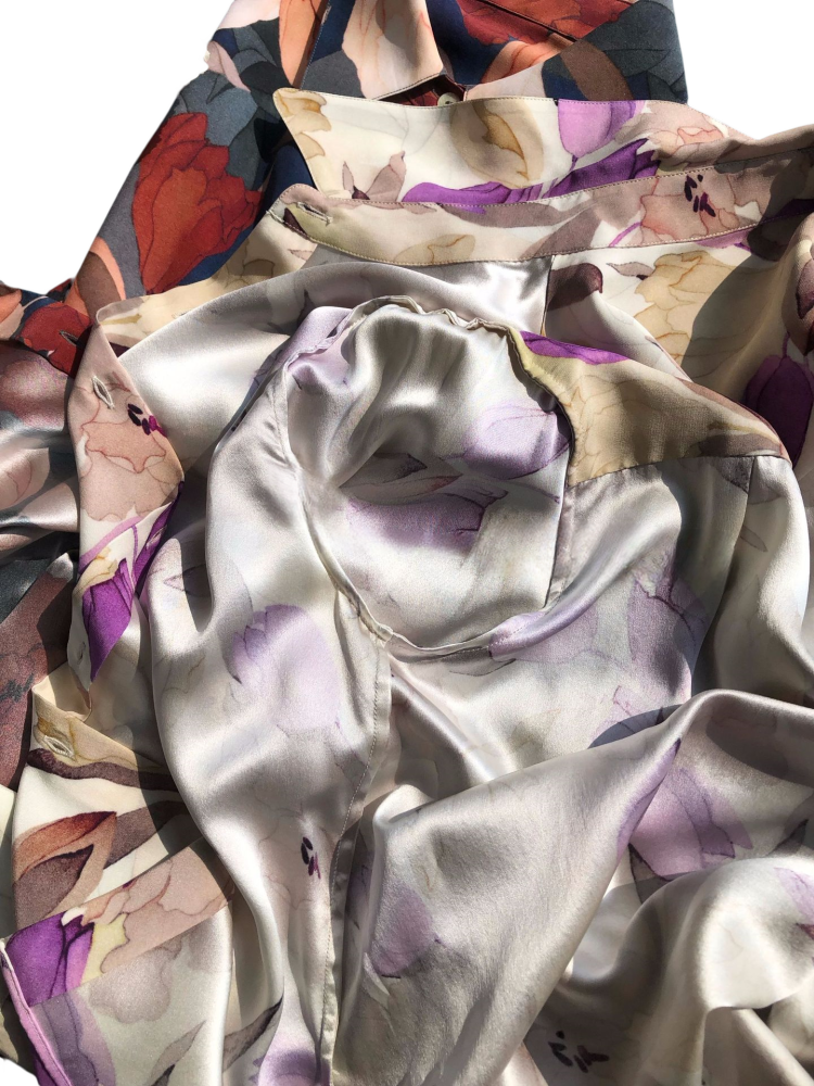 Washed Plain Crepe Satin Silk Long-Sleeve Shirt with Tulip Print and Large Collar
