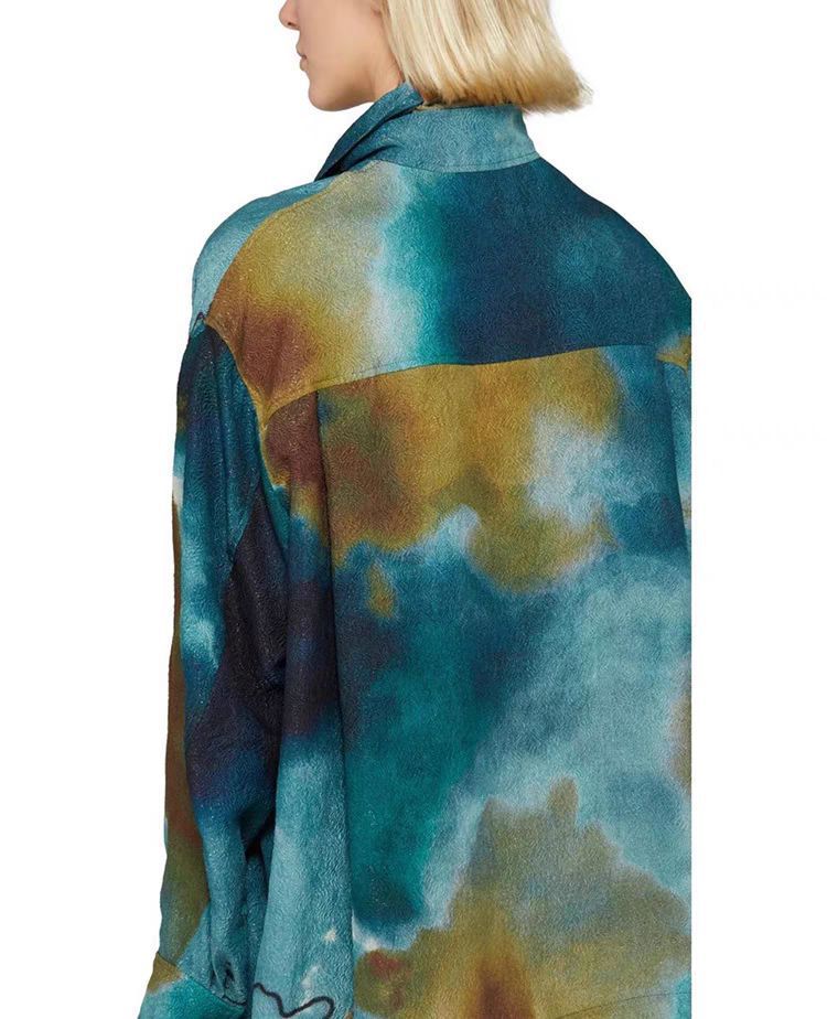 Turquoise Gradient Textured Long-Sleeve Shirt with Flowing Ribbons