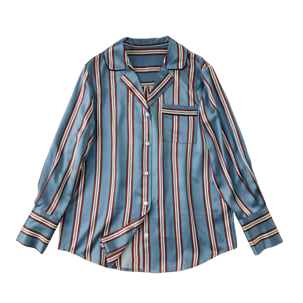 Silk Satin Striped Nightshirt Shirt Wide-Leg Pants Blue