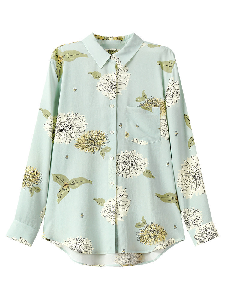 Printed Washed Silk Oversized Long-Sleeve Shirt Button-up Water Green Chrysanthemum