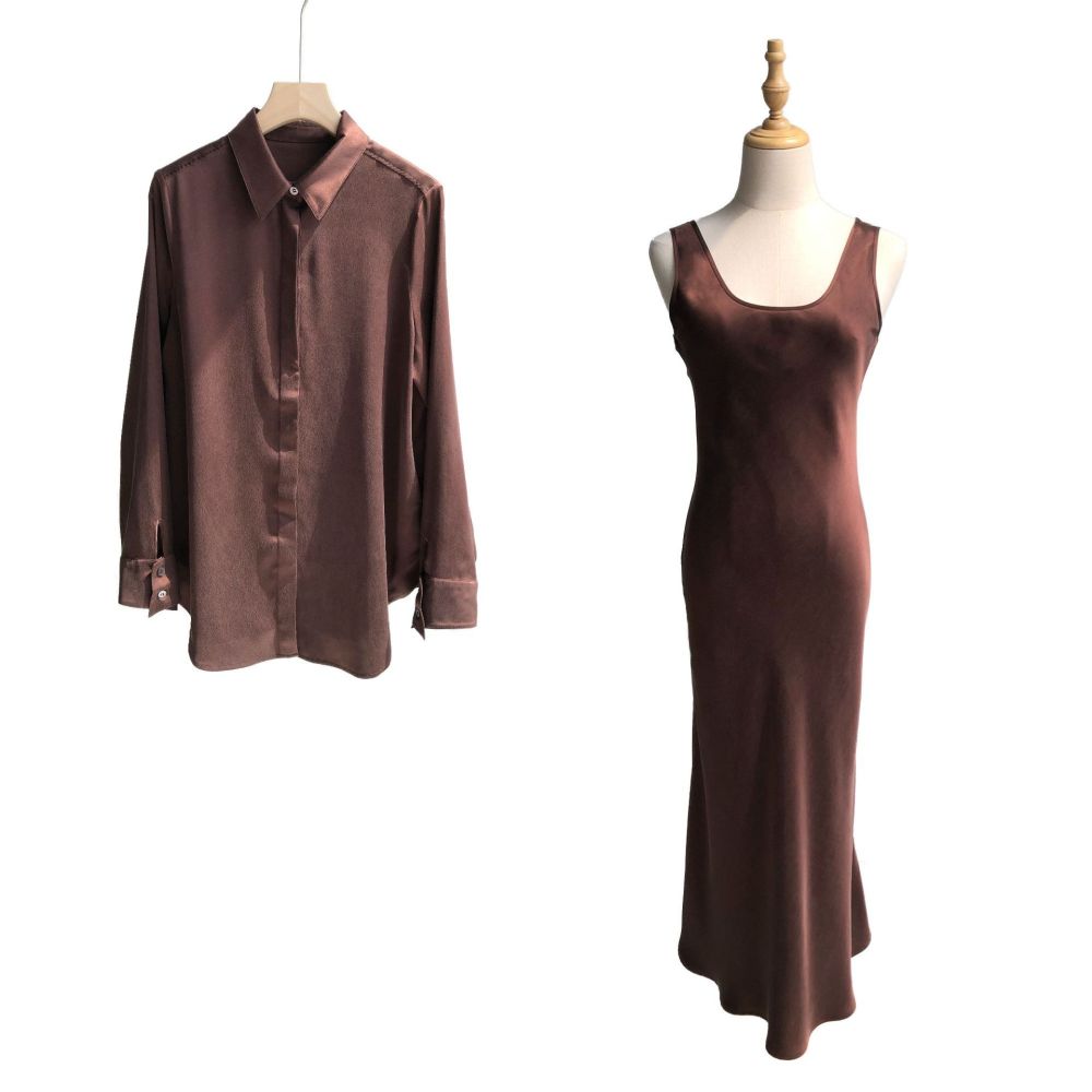 Silk Button-Up Long-Sleeve Shirt, Tank Dress, Dark Chocolate Brown