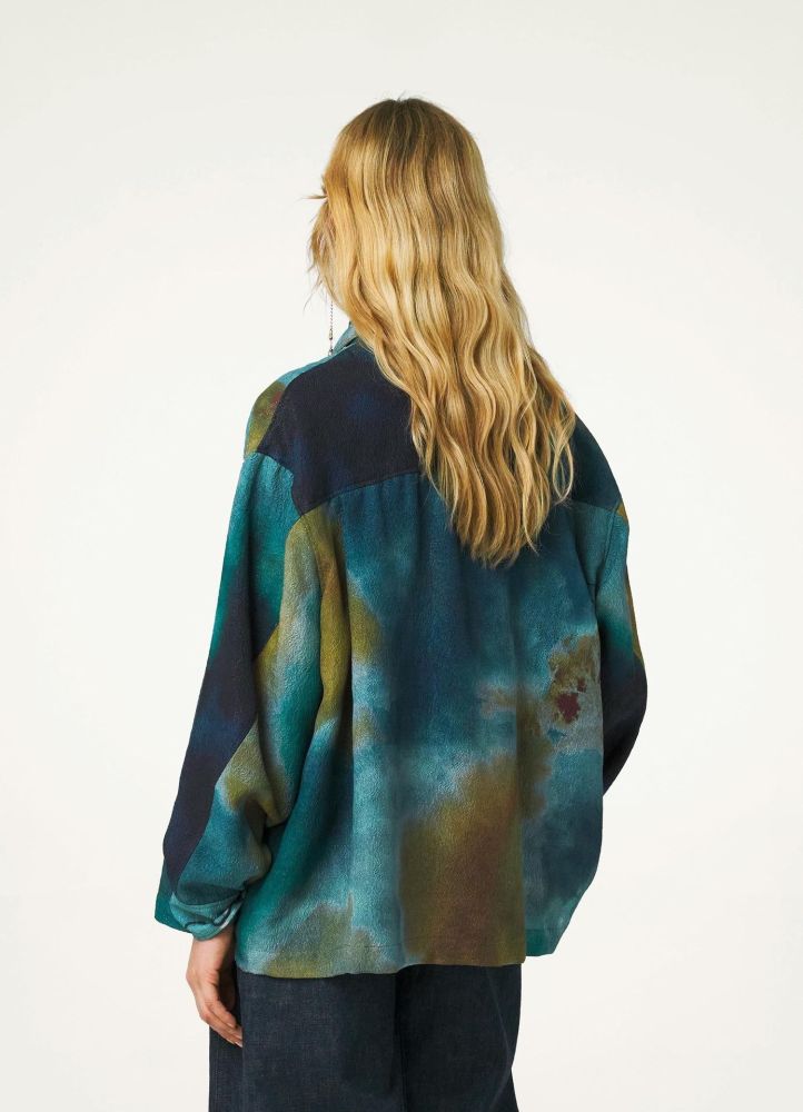 Turquoise Gradient Textured Long-Sleeve Shirt with Flowing Ribbons