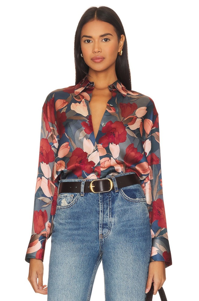 Washed Plain Crepe Satin Silk Long-Sleeve Shirt with Tulip Print and Large Collar