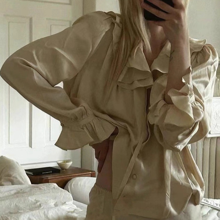 Ruffled Collar Lantern Sleeve Washed Silk Satin Long Sleeve Shirt in Light Champagne