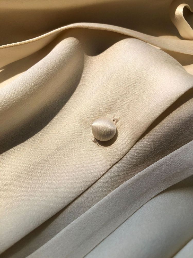 Ruffled Collar Lantern Sleeve Washed Silk Satin Long Sleeve Shirt in Light Champagne