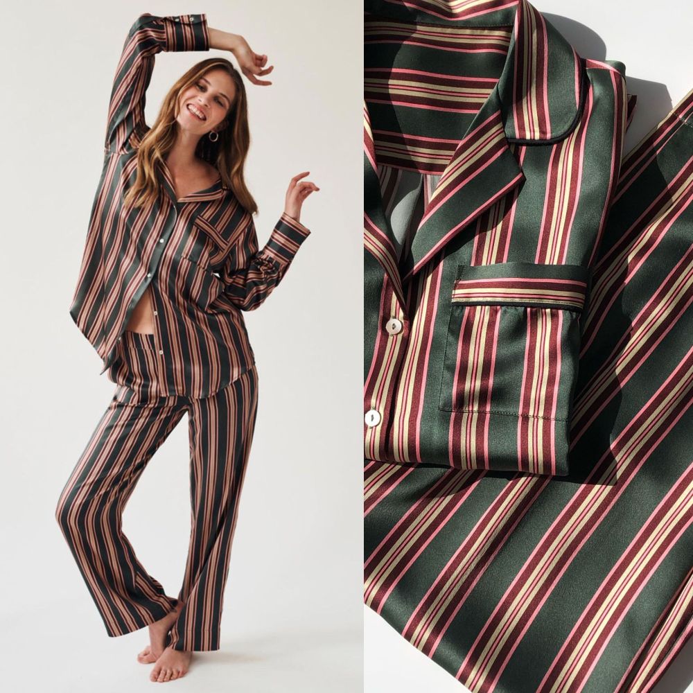 Silk Satin Striped Nightshirt Shirt Wide-Leg Pants