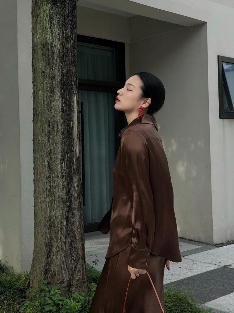 Silk Button-Up Long-Sleeve Shirt, Tank Dress, Dark Chocolate Brown